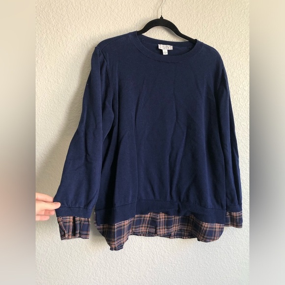 Joan Rivers large navy blue long sleeve with plaid trim preppy career top blouse - Picture 2 of 6